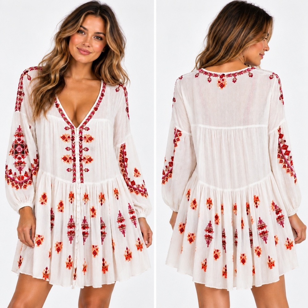 Free People Arianna Embroidered Mini Dress Ivory Red Orange Long Sleeve Medium